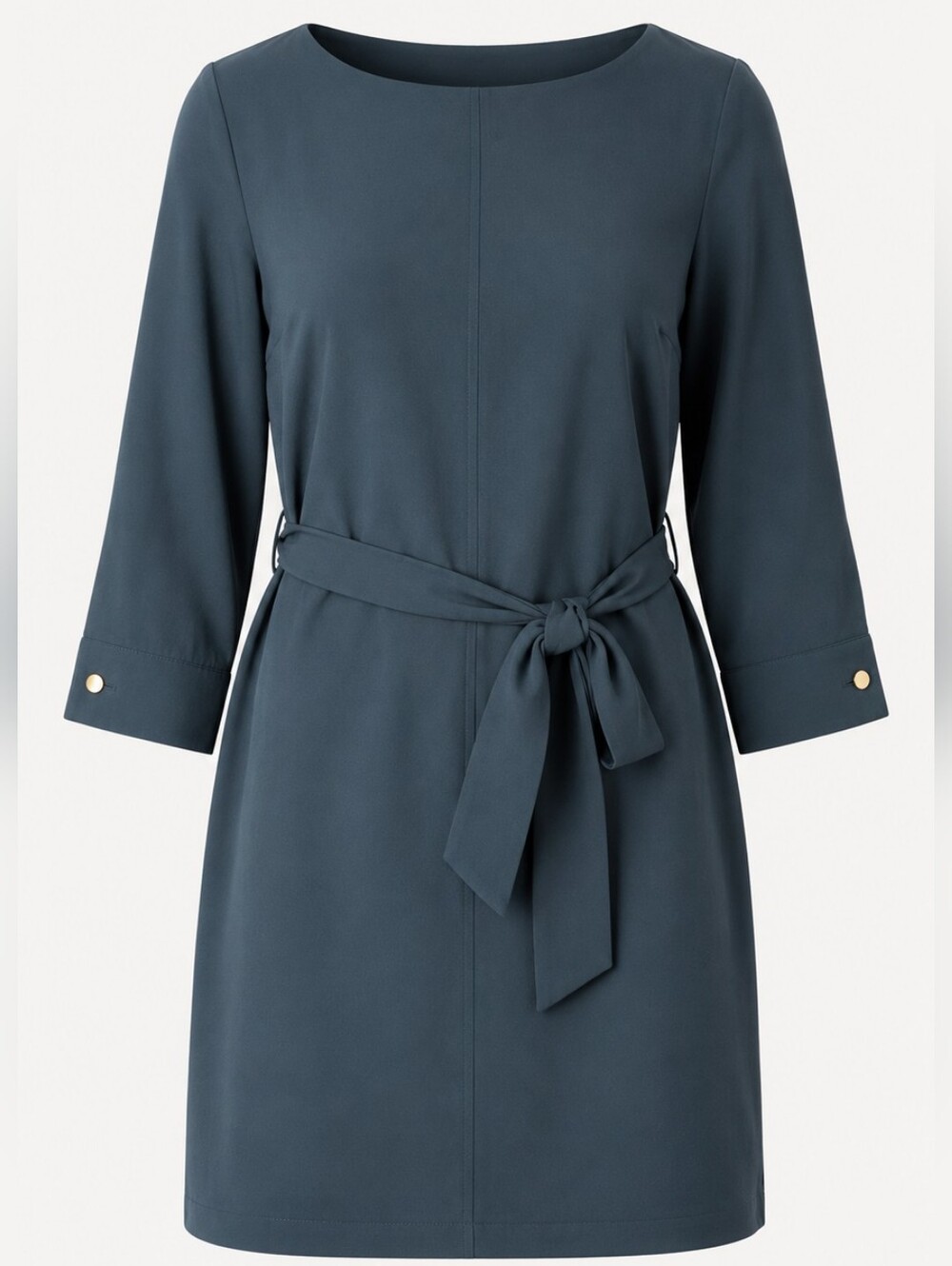H&M Slate Blue 3/4 Sleeve Tie Belt Staple Minimalist Chiffon Midi Dress Size L